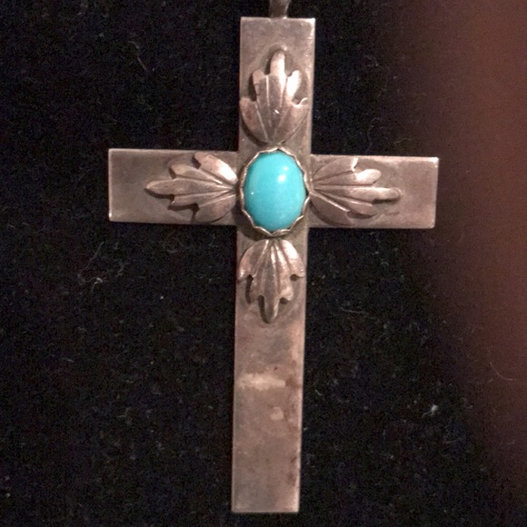 Vintage Sterling Silver 20 inch chain w/3 1/4 silver cross real turquoise stone! - Picture 3 of 3